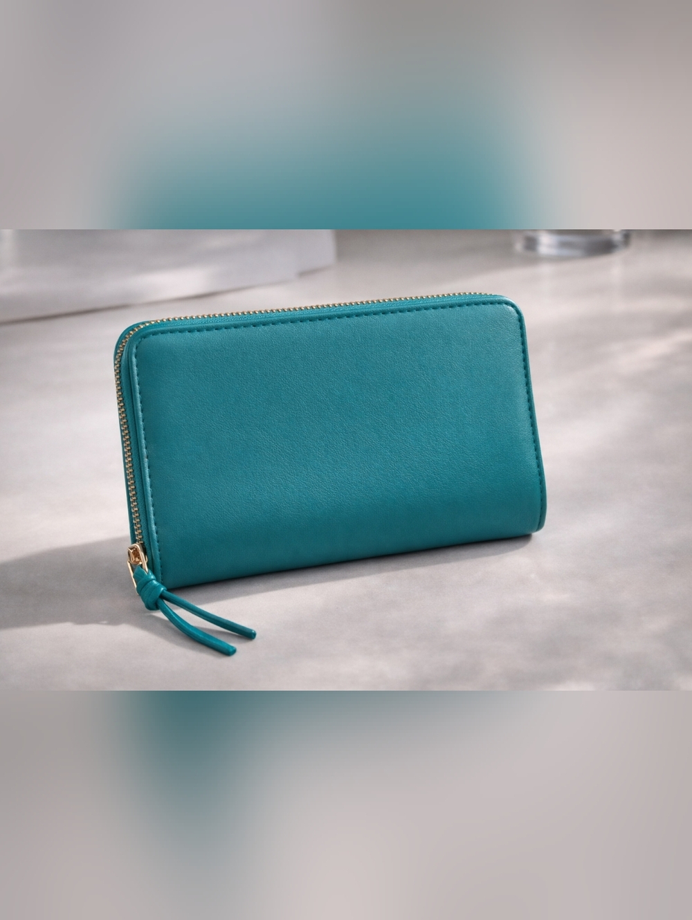 Time and Tru Teal Zip-Around Wallet with Gold Hardware